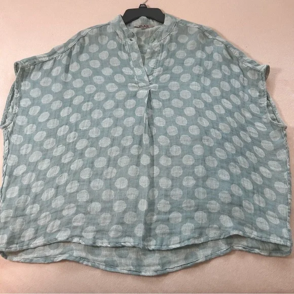 FLAX  Women’s Light Blue Polka Dot Linen Spartan Pullover Boxy Top Blouse Sz S - Picture 7 of 16